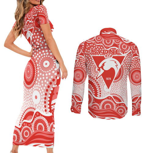 Sydney Swans Couples Matching Short Sleeve Bodycon Dress and Long Sleeve Button Shirt Aboriginal Dot Pattern - Football Mascot Heritage Pride