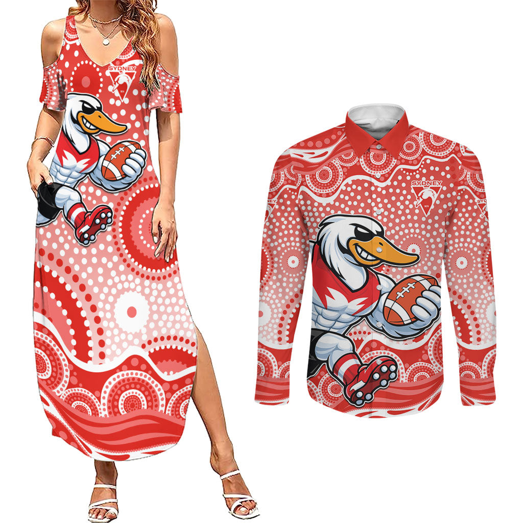Sydney Swans Couples Matching Summer Maxi Dress and Long Sleeve Button Shirt Aboriginal Dot Pattern - Football Mascot Heritage Pride