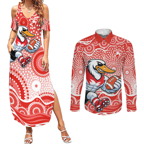 Sydney Swans Couples Matching Summer Maxi Dress and Long Sleeve Button Shirt Aboriginal Dot Pattern - Football Mascot Heritage Pride