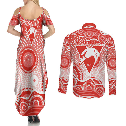 Sydney Swans Couples Matching Summer Maxi Dress and Long Sleeve Button Shirt Aboriginal Dot Pattern - Football Mascot Heritage Pride