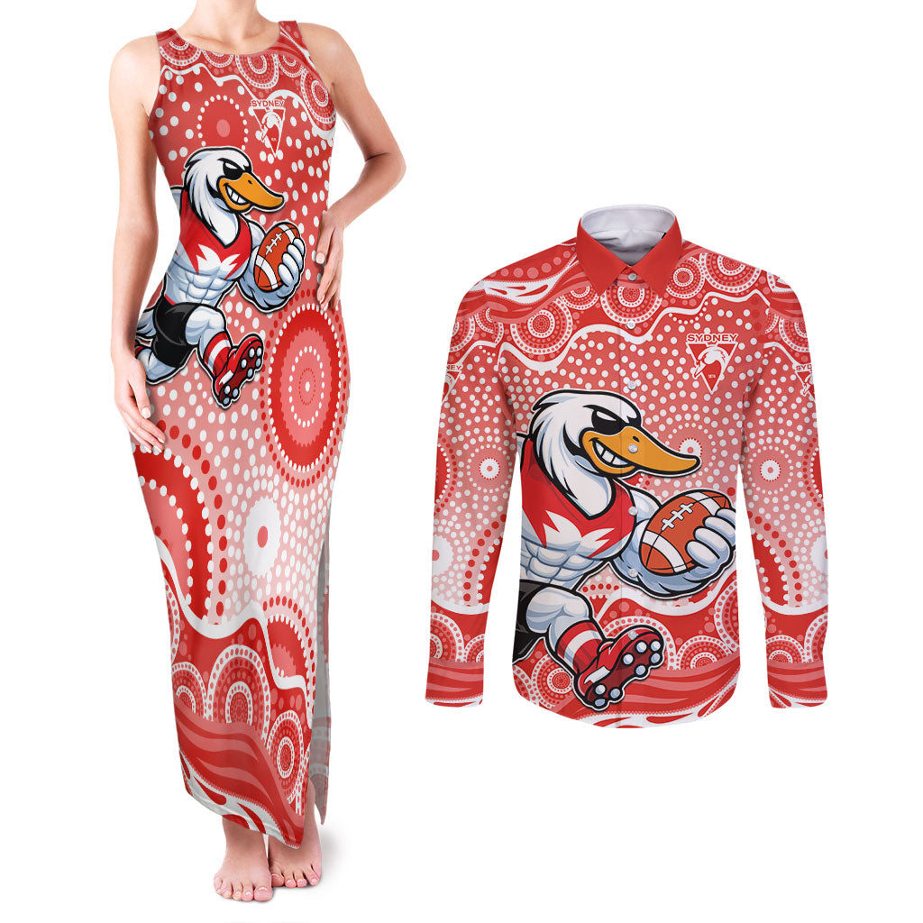 Sydney Swans Couples Matching Tank Maxi Dress and Long Sleeve Button Shirt Aboriginal Dot Pattern - Football Mascot Heritage Pride