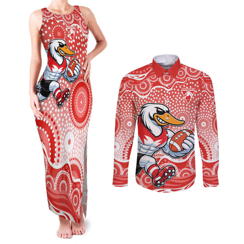 Sydney Swans Couples Matching Tank Maxi Dress and Long Sleeve Button Shirt Aboriginal Dot Pattern - Football Mascot Heritage Pride