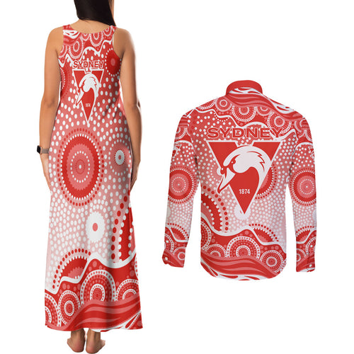 Sydney Swans Couples Matching Tank Maxi Dress and Long Sleeve Button Shirt Aboriginal Dot Pattern - Football Mascot Heritage Pride