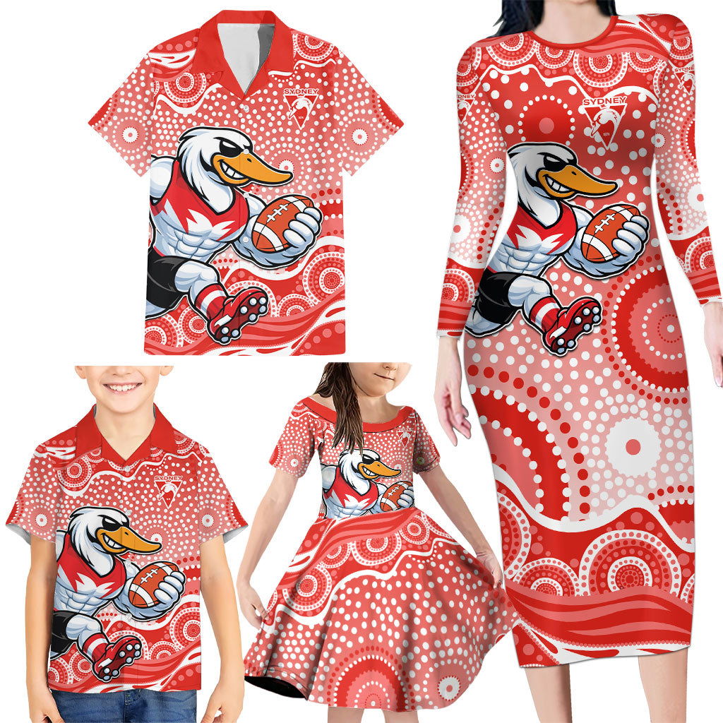Sydney Swans Family Matching Long Sleeve Bodycon Dress and Hawaiian Shirt Aboriginal Dot Pattern - Football Mascot Heritage Pride
