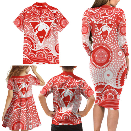 Sydney Swans Family Matching Long Sleeve Bodycon Dress and Hawaiian Shirt Aboriginal Dot Pattern - Football Mascot Heritage Pride