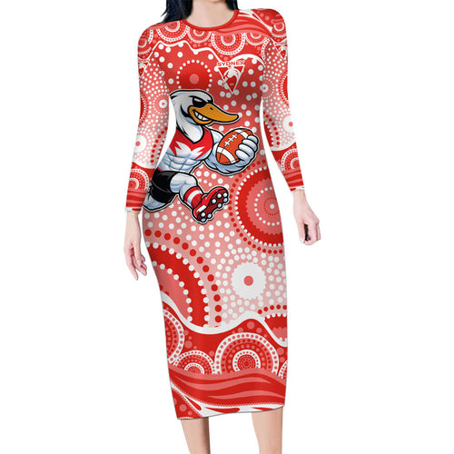 Sydney Swans Family Matching Long Sleeve Bodycon Dress and Hawaiian Shirt Aboriginal Dot Pattern - Football Mascot Heritage Pride