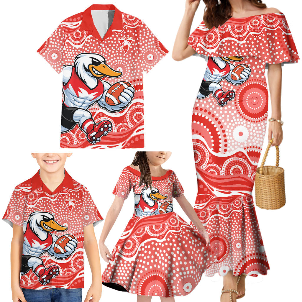 Sydney Swans Family Matching Mermaid Dress and Hawaiian Shirt Aboriginal Dot Pattern - Football Mascot Heritage Pride