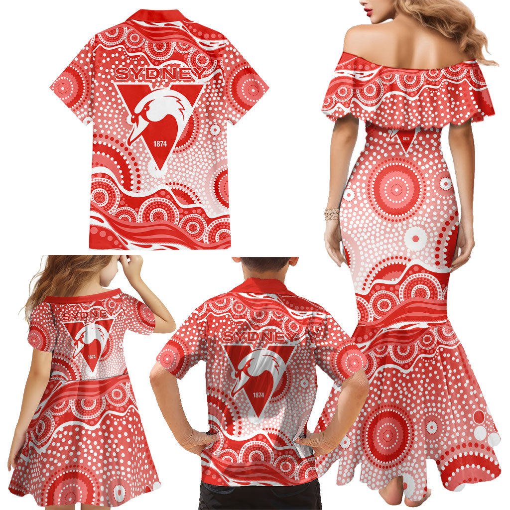 Sydney Swans Family Matching Mermaid Dress and Hawaiian Shirt Aboriginal Dot Pattern - Football Mascot Heritage Pride