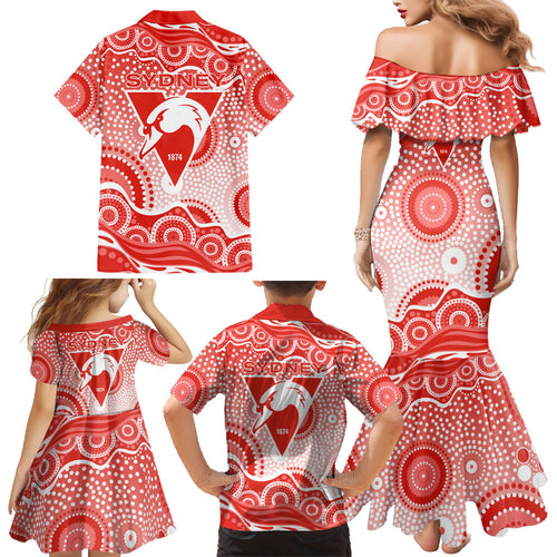 Sydney Swans Family Matching Mermaid Dress and Hawaiian Shirt Aboriginal Dot Pattern - Football Mascot Heritage Pride