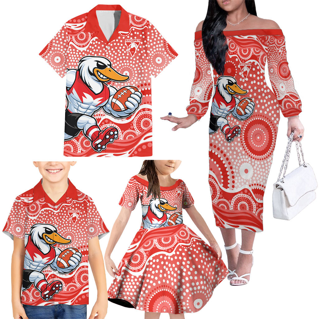Sydney Swans Family Matching Off The Shoulder Long Sleeve Dress and Hawaiian Shirt Aboriginal Dot Pattern - Football Mascot Heritage Pride
