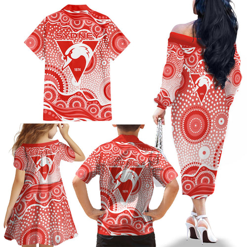 Sydney Swans Family Matching Off The Shoulder Long Sleeve Dress and Hawaiian Shirt Aboriginal Dot Pattern - Football Mascot Heritage Pride