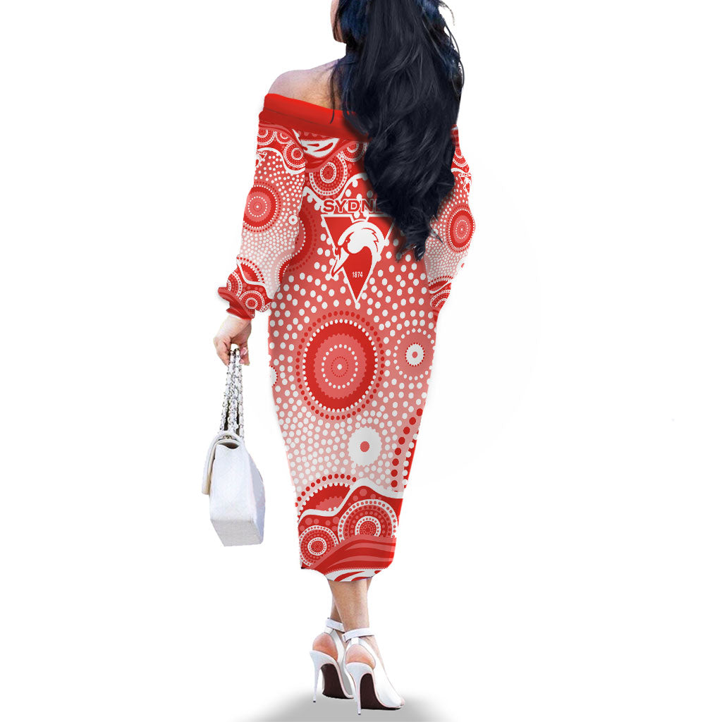Sydney Swans Family Matching Off The Shoulder Long Sleeve Dress and Hawaiian Shirt Aboriginal Dot Pattern - Football Mascot Heritage Pride