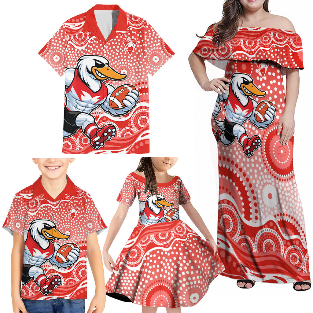 Sydney Swans Family Matching Off Shoulder Maxi Dress and Hawaiian Shirt Aboriginal Dot Pattern - Football Mascot Heritage Pride