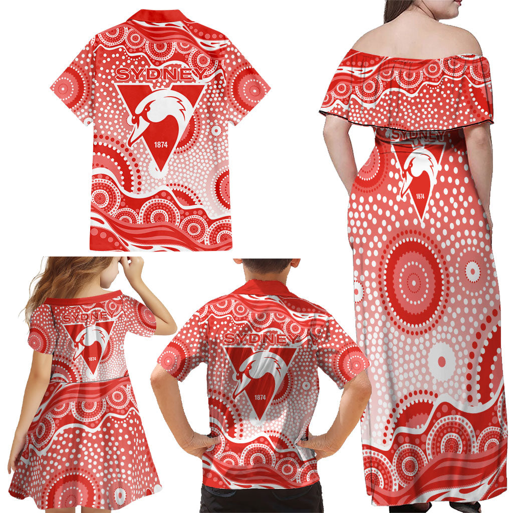 Sydney Swans Family Matching Off Shoulder Maxi Dress and Hawaiian Shirt Aboriginal Dot Pattern - Football Mascot Heritage Pride