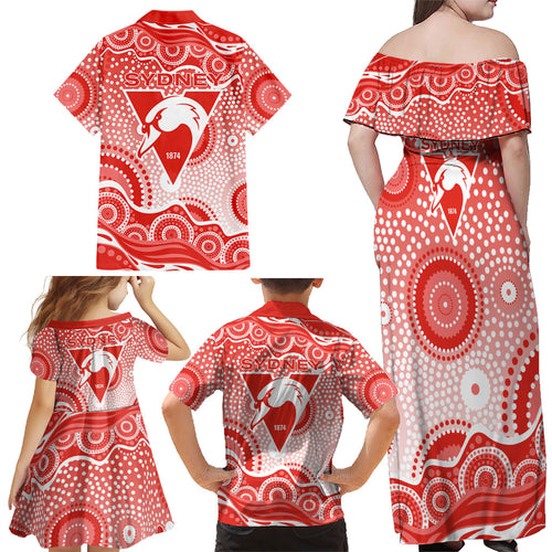 Sydney Swans Family Matching Off Shoulder Maxi Dress and Hawaiian Shirt Aboriginal Dot Pattern - Football Mascot Heritage Pride