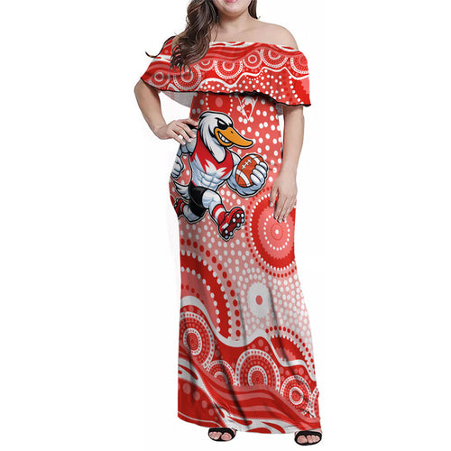 Sydney Swans Family Matching Off Shoulder Maxi Dress and Hawaiian Shirt Aboriginal Dot Pattern - Football Mascot Heritage Pride