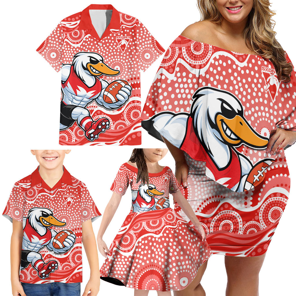 Sydney Swans Family Matching Off Shoulder Short Dress and Hawaiian Shirt Aboriginal Dot Pattern - Football Mascot Heritage Pride