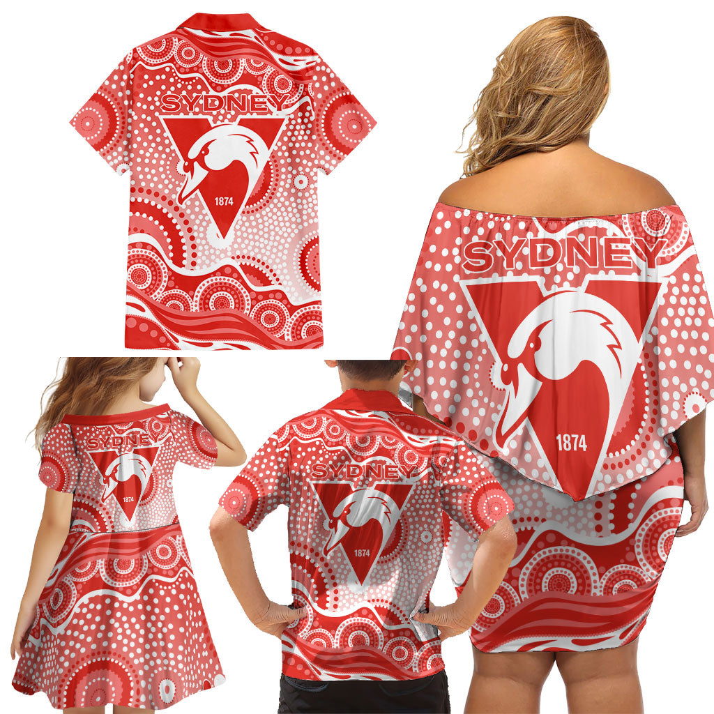 Sydney Swans Family Matching Off Shoulder Short Dress and Hawaiian Shirt Aboriginal Dot Pattern - Football Mascot Heritage Pride
