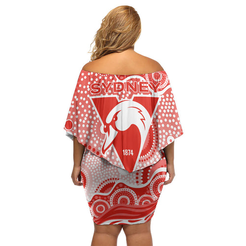 Sydney Swans Family Matching Off Shoulder Short Dress and Hawaiian Shirt Aboriginal Dot Pattern - Football Mascot Heritage Pride