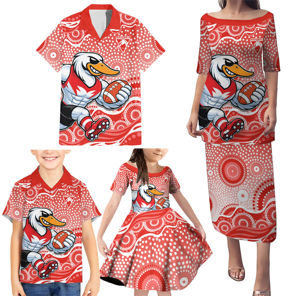 Sydney Swans Family Matching Puletasi and Hawaiian Shirt Aboriginal Dot Pattern - Football Mascot Heritage Pride