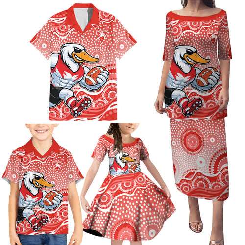 Sydney Swans Family Matching Puletasi and Hawaiian Shirt Aboriginal Dot Pattern - Football Mascot Heritage Pride