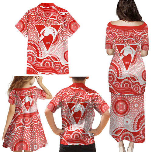Sydney Swans Family Matching Puletasi and Hawaiian Shirt Aboriginal Dot Pattern - Football Mascot Heritage Pride