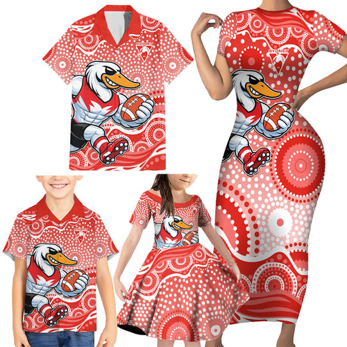 Sydney Swans Family Matching Short Sleeve Bodycon Dress and Hawaiian Shirt Aboriginal Dot Pattern - Football Mascot Heritage Pride