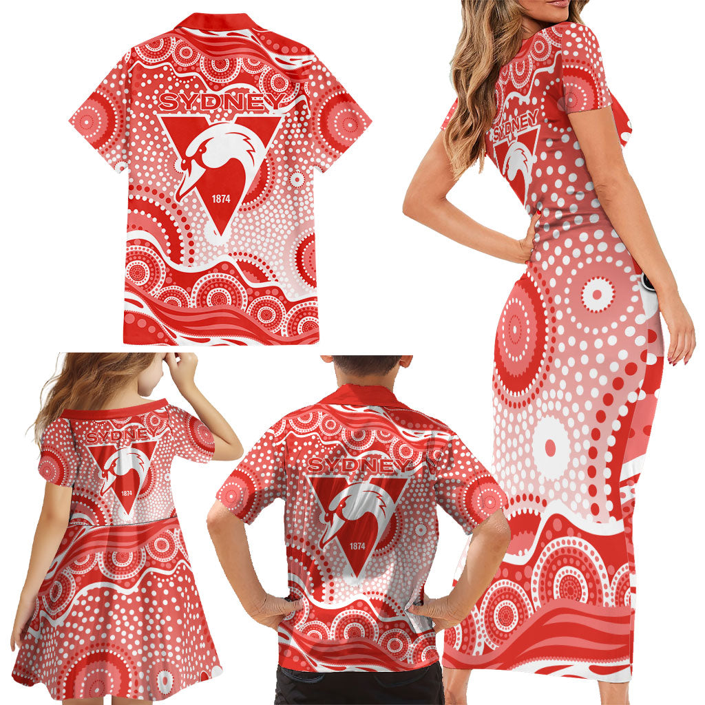 Sydney Swans Family Matching Short Sleeve Bodycon Dress and Hawaiian Shirt Aboriginal Dot Pattern - Football Mascot Heritage Pride