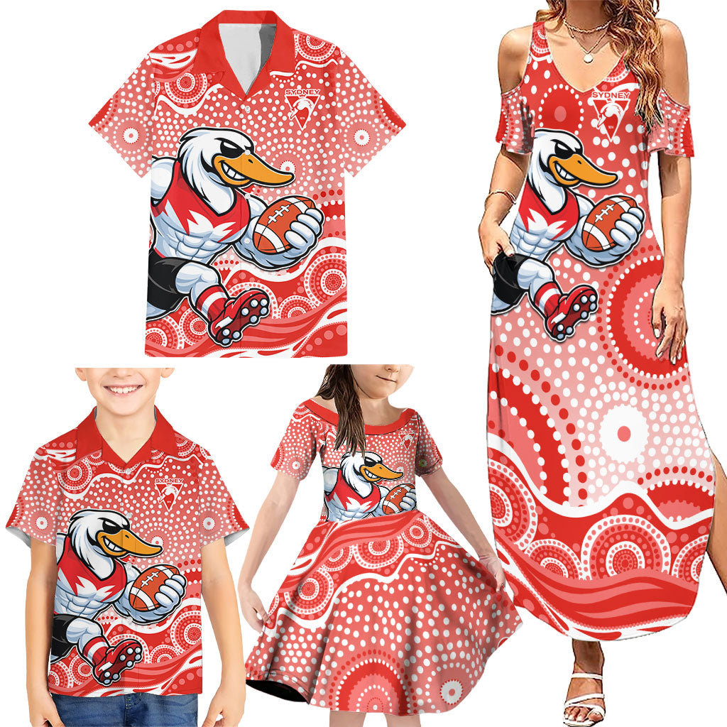 Sydney Swans Family Matching Summer Maxi Dress and Hawaiian Shirt Aboriginal Dot Pattern - Football Mascot Heritage Pride