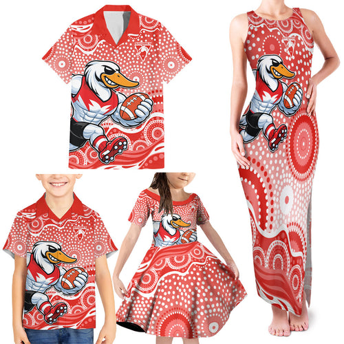 Sydney Swans Family Matching Tank Maxi Dress and Hawaiian Shirt Aboriginal Dot Pattern - Football Mascot Heritage Pride