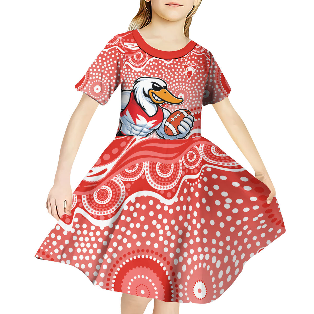 Sydney Swans Kid Short Sleeve Dress Aboriginal Dot Pattern - Football Mascot Heritage Pride