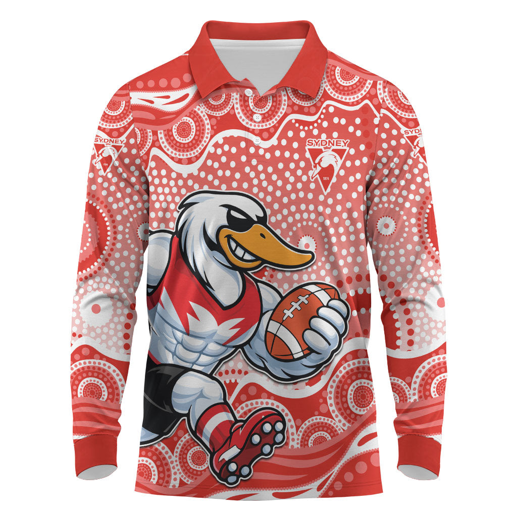 Sydney Swans Long Sleeve Polo Shirt Aboriginal Dot Pattern - Football Mascot Heritage Pride