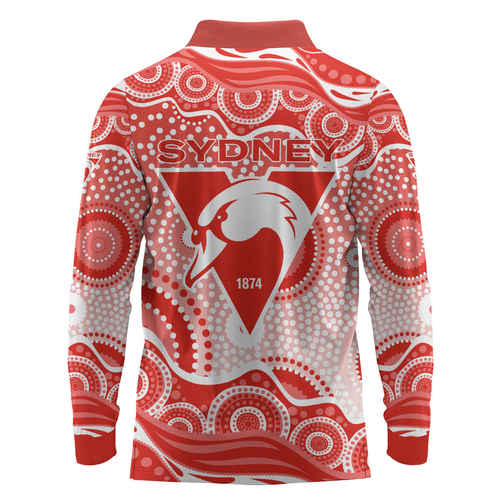 Sydney Swans Long Sleeve Polo Shirt Aboriginal Dot Pattern - Football Mascot Heritage Pride