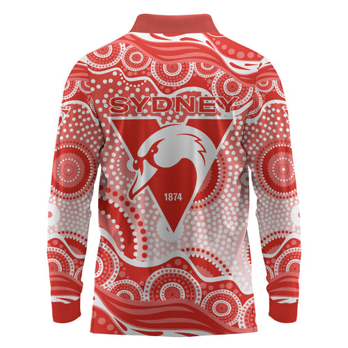 Sydney Swans Long Sleeve Polo Shirt Aboriginal Dot Pattern - Football Mascot Heritage Pride