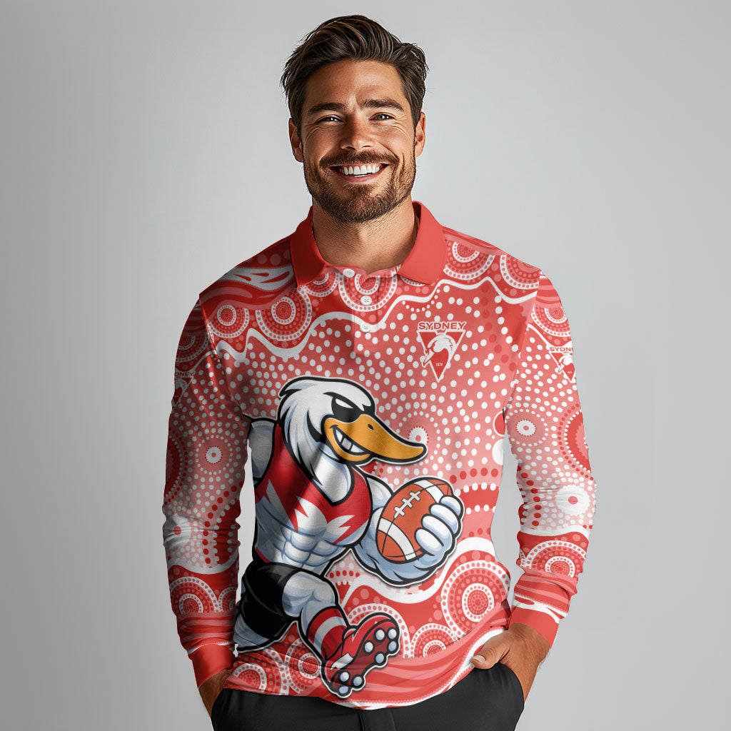 Sydney Swans Long Sleeve Polo Shirt Aboriginal Dot Pattern - Football Mascot Heritage Pride