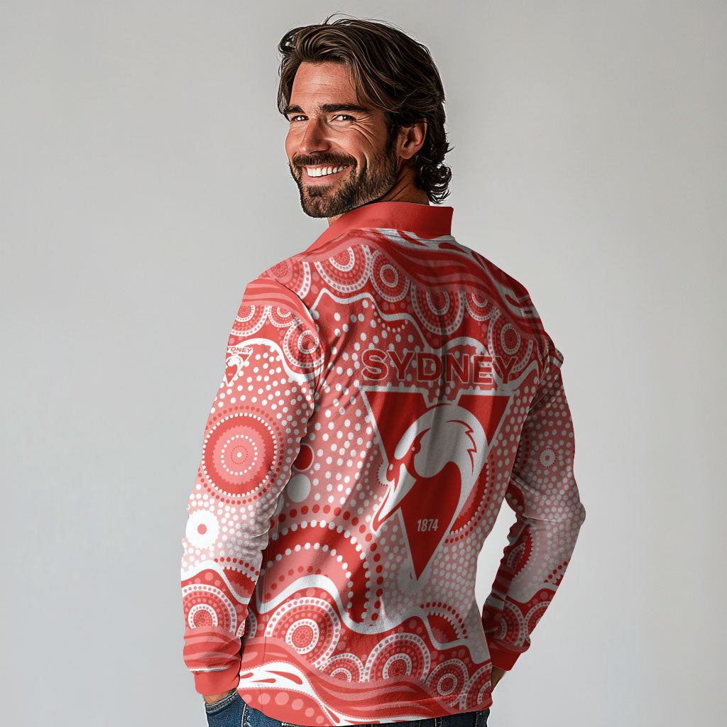 Sydney Swans Long Sleeve Polo Shirt Aboriginal Dot Pattern - Football Mascot Heritage Pride