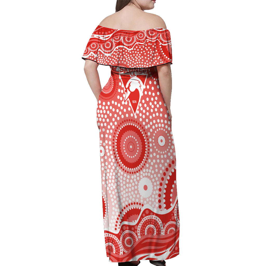 Sydney Swans Off Shoulder Maxi Dress Aboriginal Dot Pattern - Football Mascot Heritage Pride