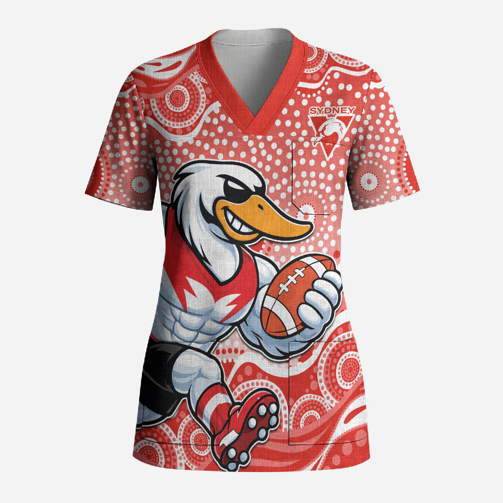 Sydney Swans Scrub Top Aboriginal Dot Pattern - Football Mascot Heritage Pride