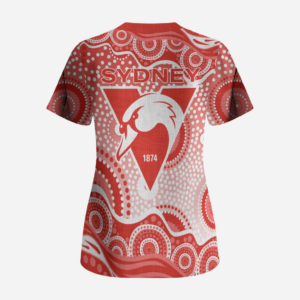 Sydney Swans Scrub Top Aboriginal Dot Pattern - Football Mascot Heritage Pride