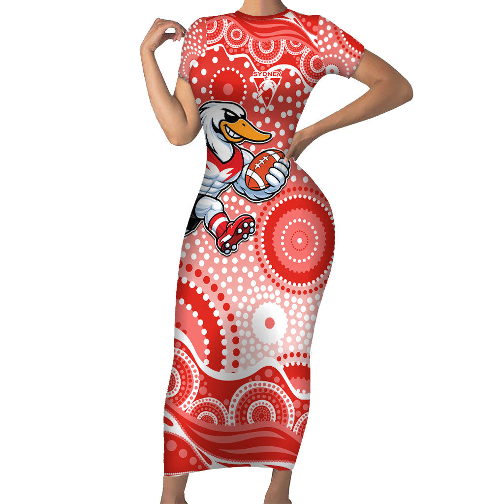 Sydney Swans Short Sleeve Bodycon Dress Aboriginal Dot Pattern - Football Mascot Heritage Pride