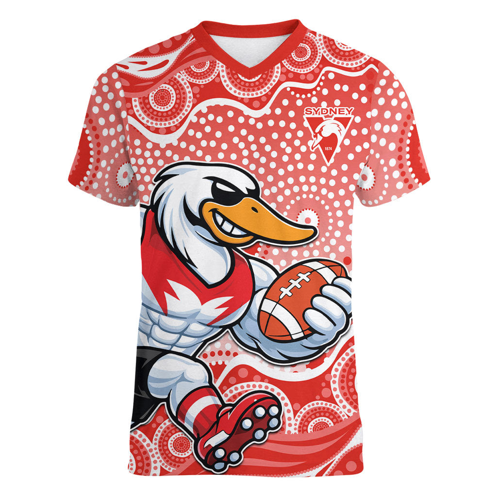 Sydney Swans Women V-Neck T-Shirt Aboriginal Dot Pattern - Football Mascot Heritage Pride