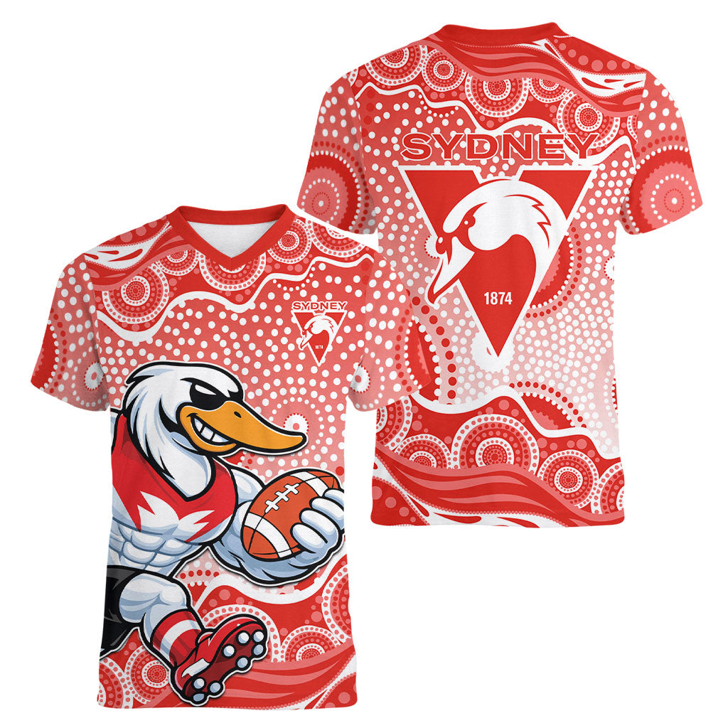 Sydney Swans Women V-Neck T-Shirt Aboriginal Dot Pattern - Football Mascot Heritage Pride