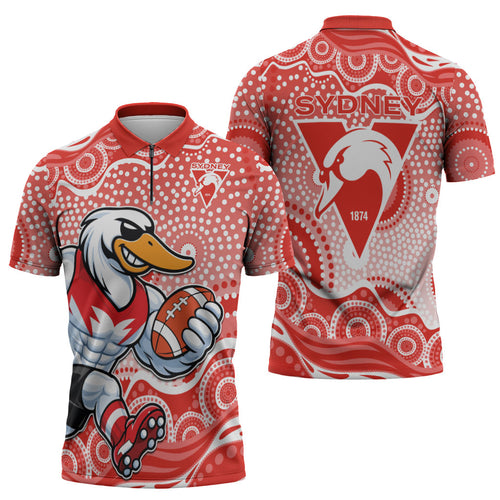 Sydney Swans Zipper Polo Shirt Aboriginal Dot Pattern - Football Mascot Heritage Pride