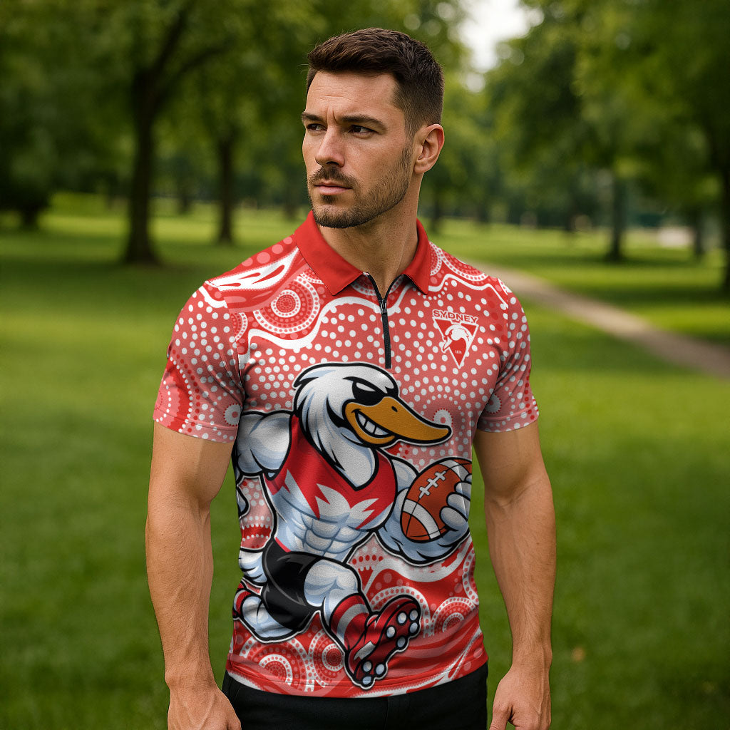 Sydney Swans Zipper Polo Shirt Aboriginal Dot Pattern - Football Mascot Heritage Pride