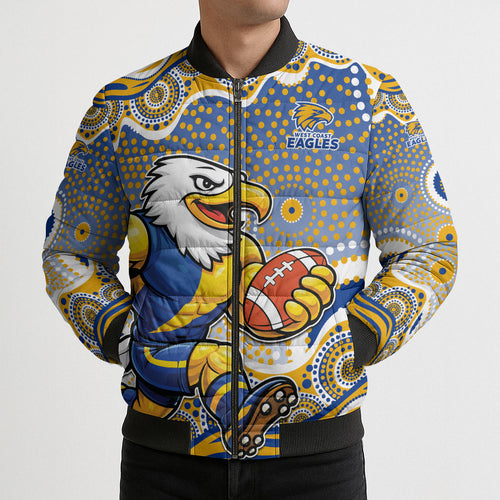 West Coast Eagles Bomber Puffer Jacket Aboriginal Dot Pattern - Football Mascot Heritage Pride
