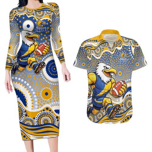 West Coast Eagles Couples Matching Long Sleeve Bodycon Dress and Hawaiian Shirt Aboriginal Dot Pattern - Football Mascot Heritage Pride