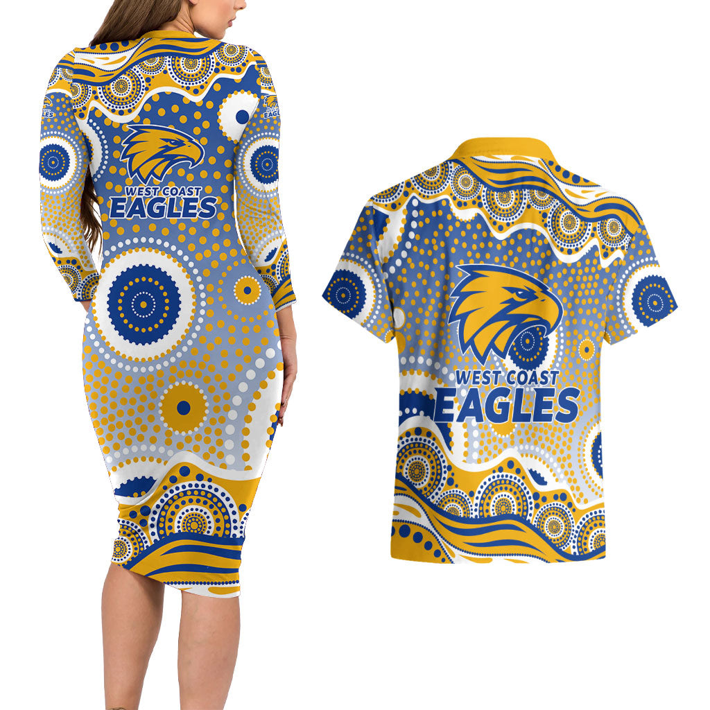 West Coast Eagles Couples Matching Long Sleeve Bodycon Dress and Hawaiian Shirt Aboriginal Dot Pattern - Football Mascot Heritage Pride