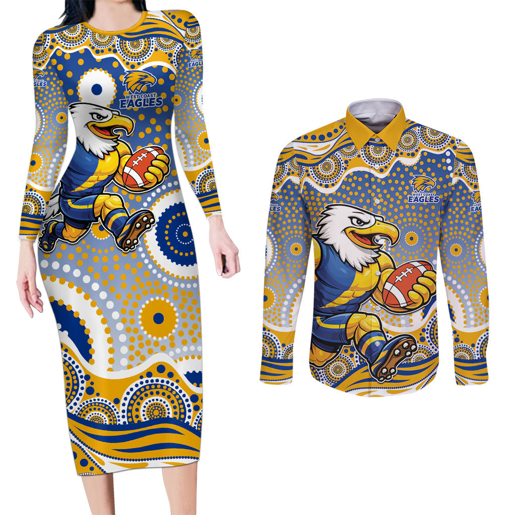 West Coast Eagles Couples Matching Long Sleeve Bodycon Dress and Long Sleeve Button Shirt Aboriginal Dot Pattern - Football Mascot Heritage Pride
