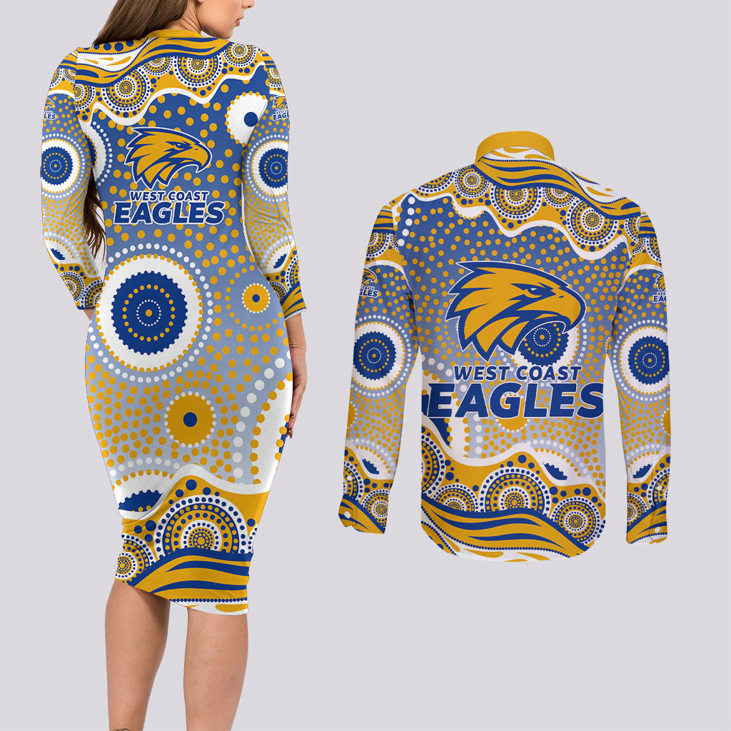 West Coast Eagles Couples Matching Long Sleeve Bodycon Dress and Long Sleeve Button Shirt Aboriginal Dot Pattern - Football Mascot Heritage Pride