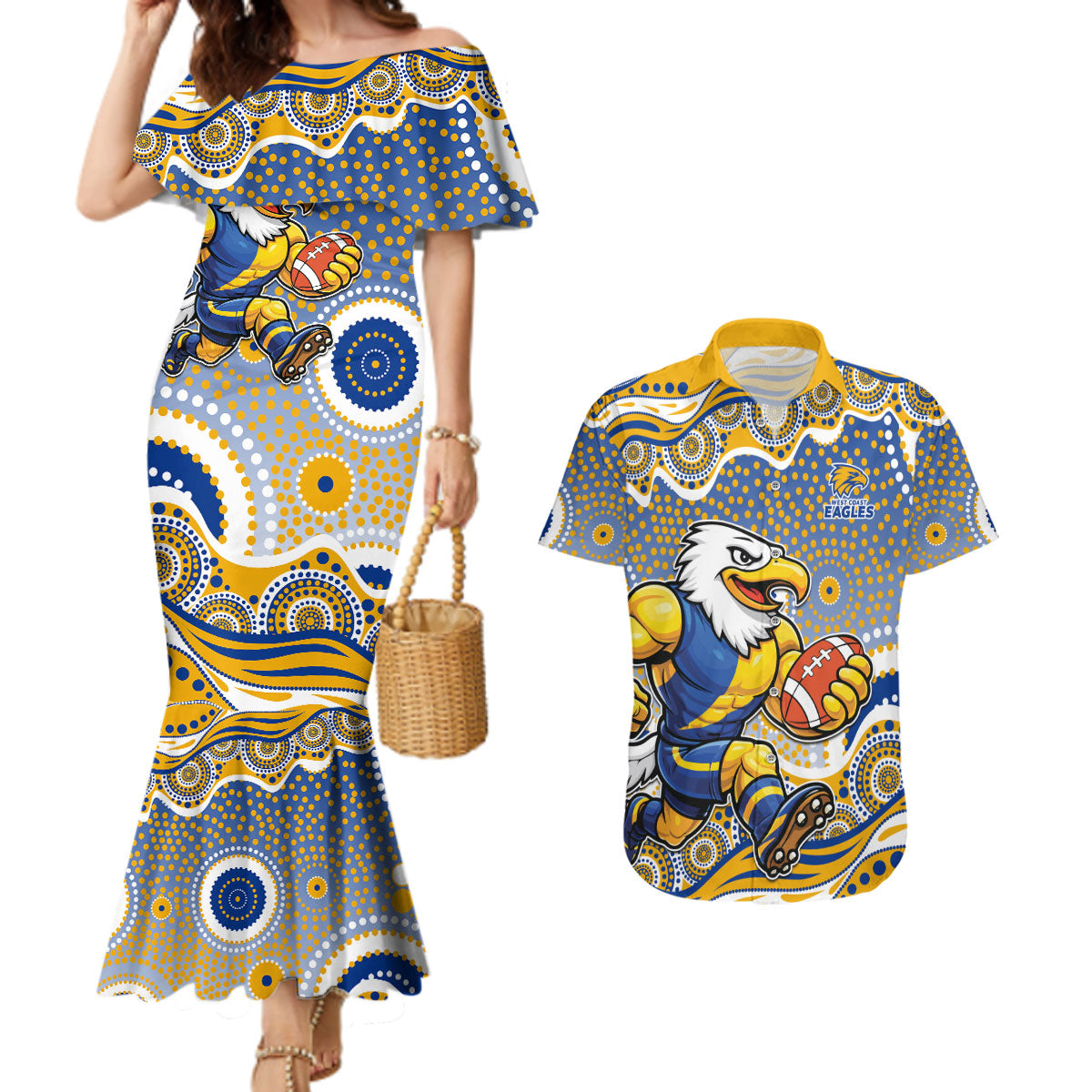 West Coast Eagles Couples Matching Mermaid Dress and Hawaiian Shirt Aboriginal Dot Pattern - Football Mascot Heritage Pride